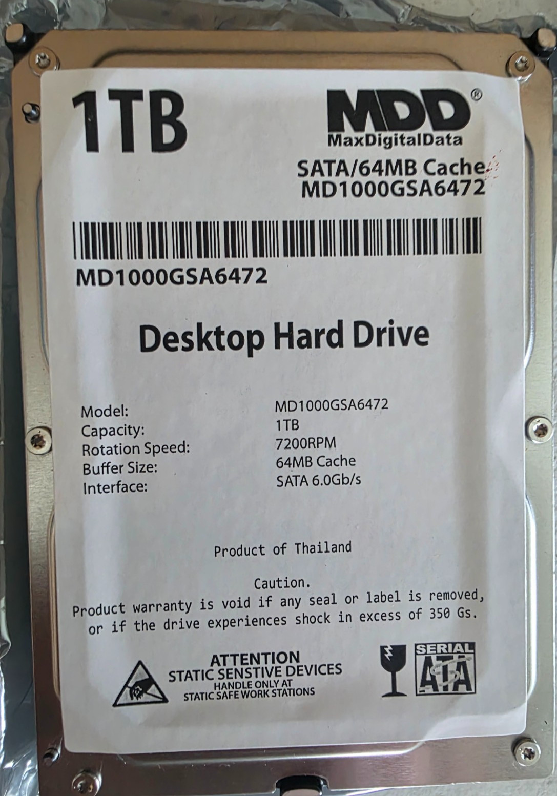 MDD 1TB 64MB Cache SATA 6Gb/s 3.5″ Desktop Hard Drive -PC/Mac, NAS, Surveillance