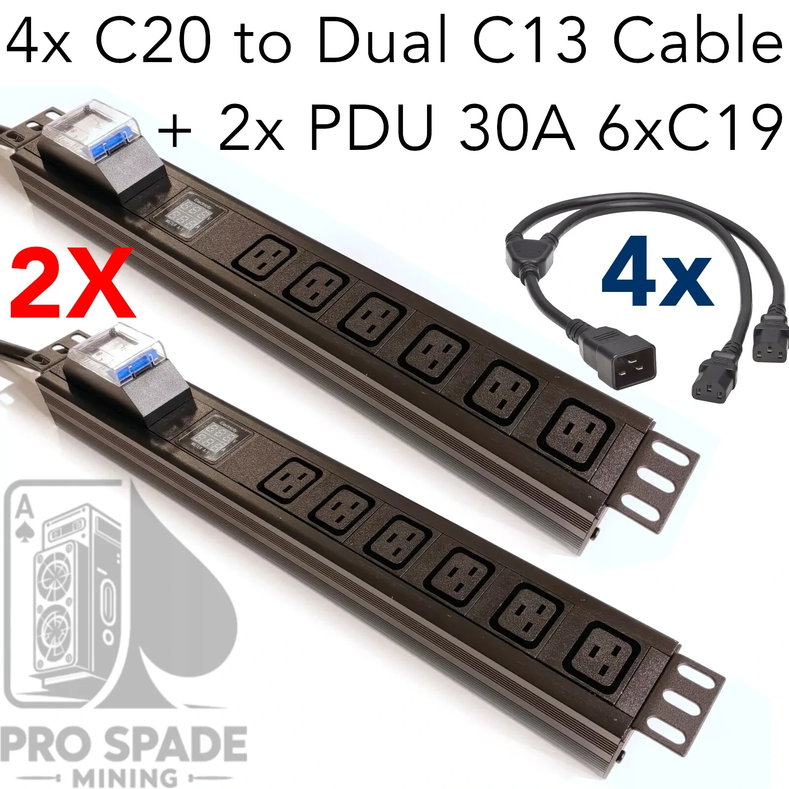 2x 7500W Server PDU 240V 30A L6-30P 6x C19 Mining For Antminer + 4 Power Cables