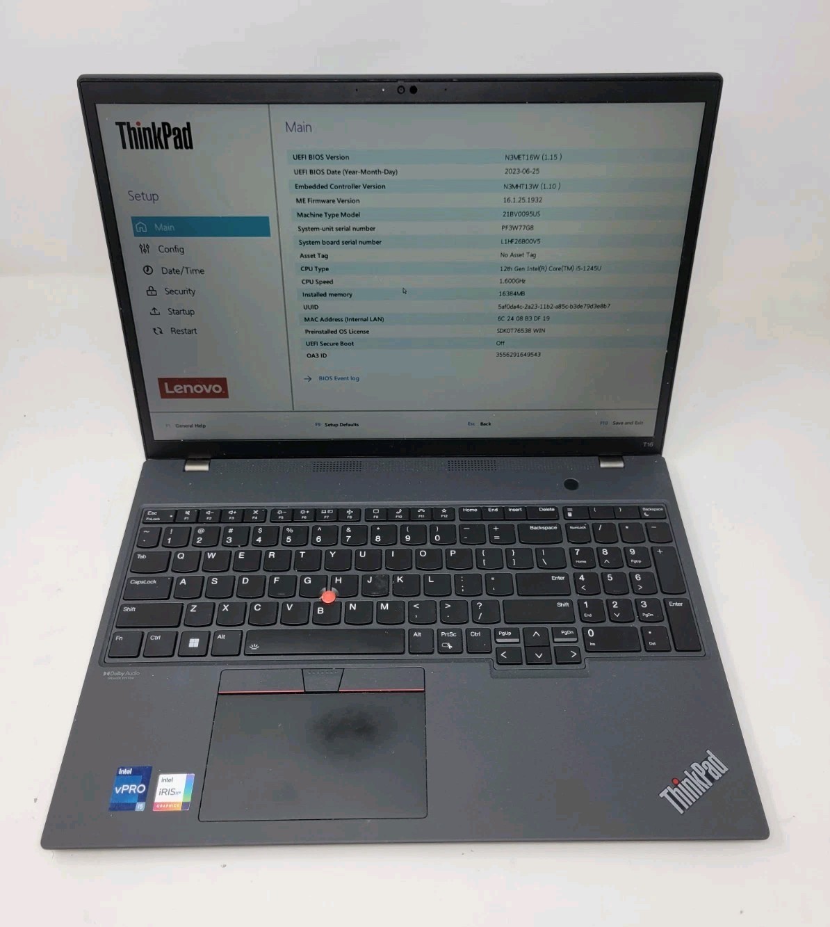 Lenovo ThinkPad T16 Gen 1 i5-1245U 16GB RAM 512GB NVMe 16″ Touchscreen No O/S