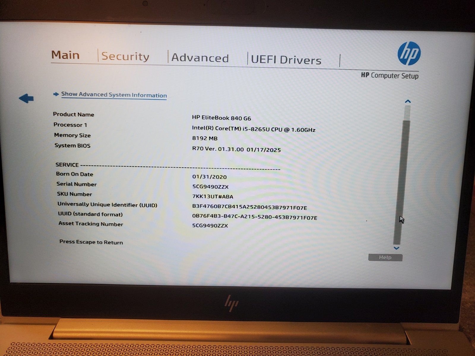 HP EliteBook 840 G6 14″ Laptop i5-8265U 1.60GHz 8GB RAM 256GB SSD No OS