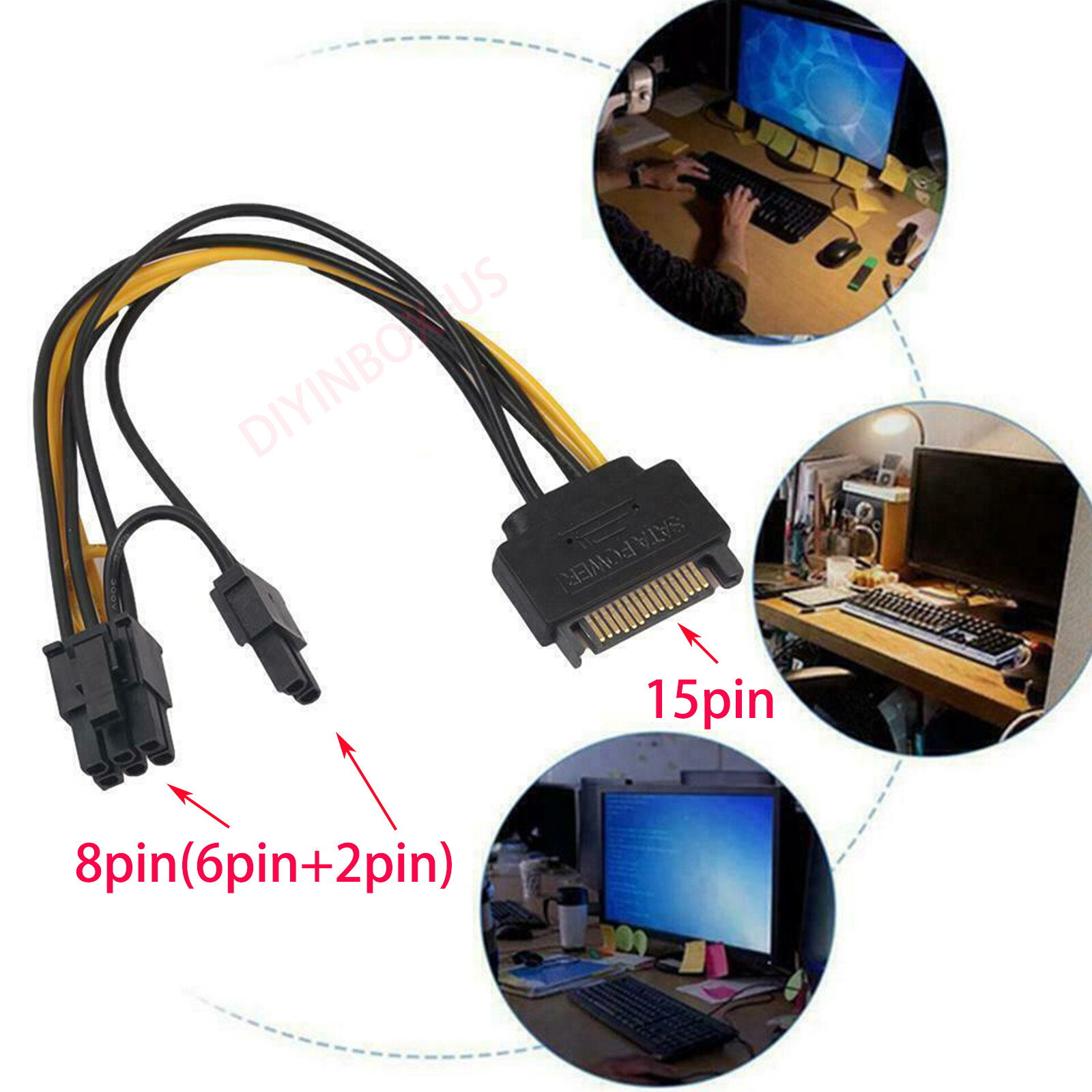 15 Pin To 8 Pin PCI-E PCI Express Adapter Cable Video Card Power Supply 6+2 SATA
