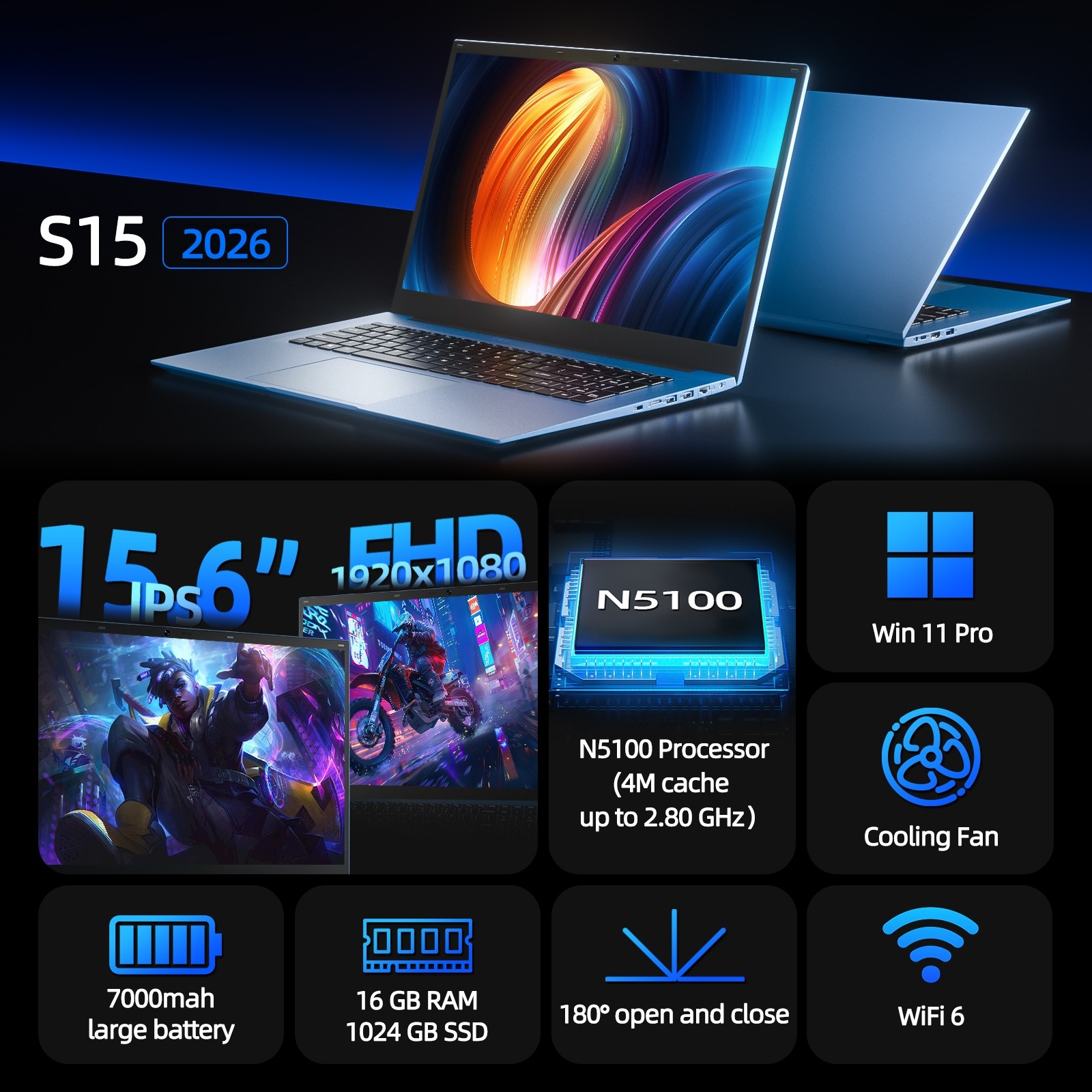 NEW SGIN 18.5″ Laptop Win11 PRO Intel N5095 16GB RAM 1TB SSD WiFi6 RJ45 USB-C