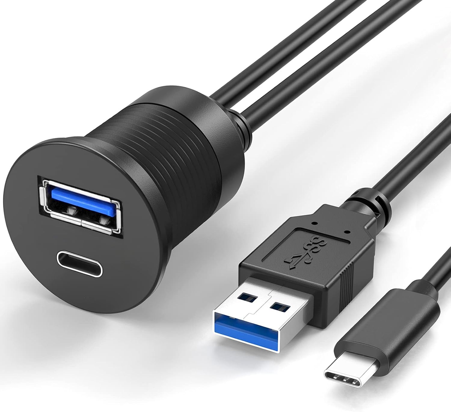 USB Type C 3.0 and USB 3.0 Flush Mount Cable, 3 Feet | Male to Female Flush Car