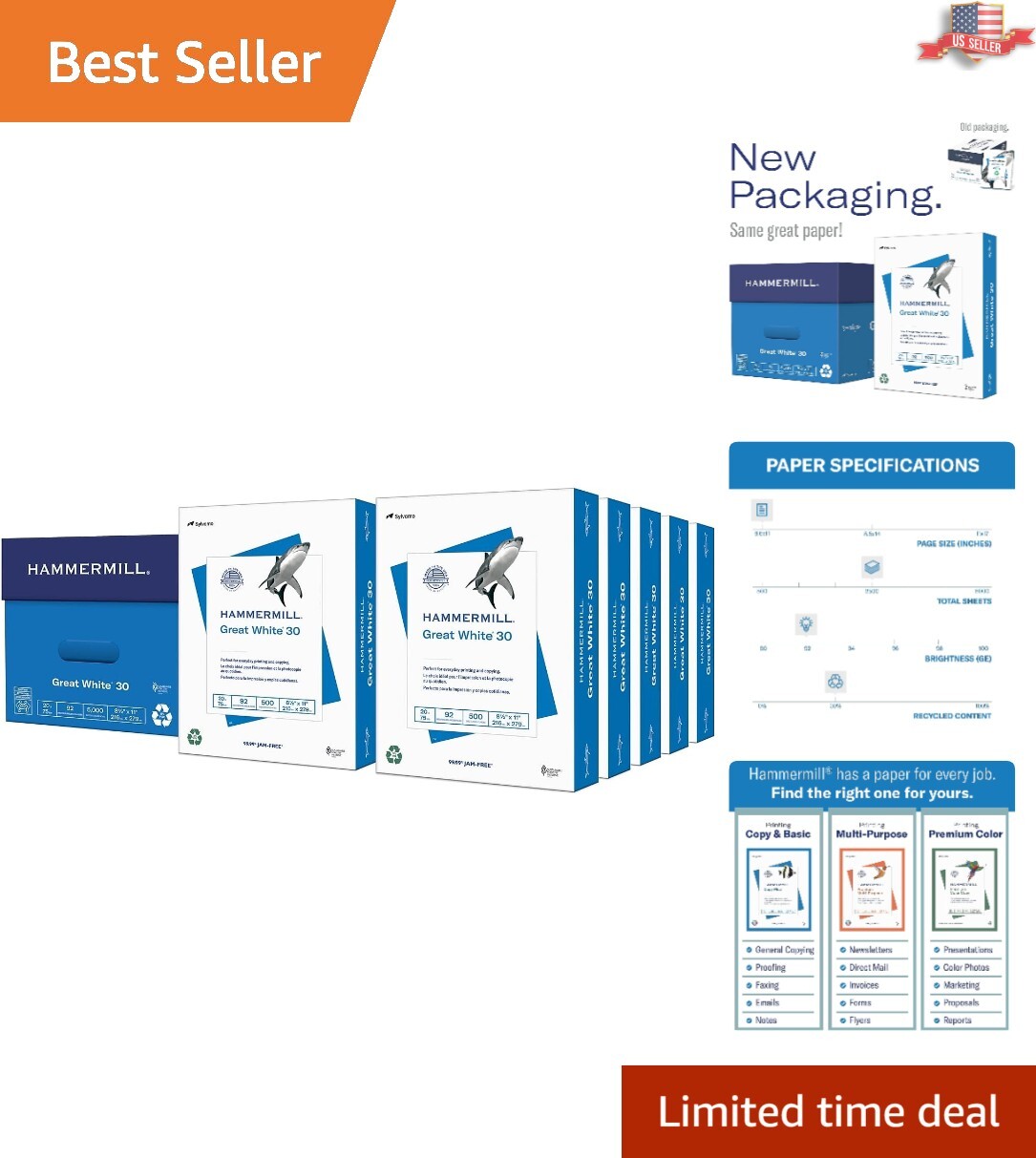 Great White Recycled Printer Paper – 30% Recycled, 8.5×11, 10 Reams, 5000 Sheets
