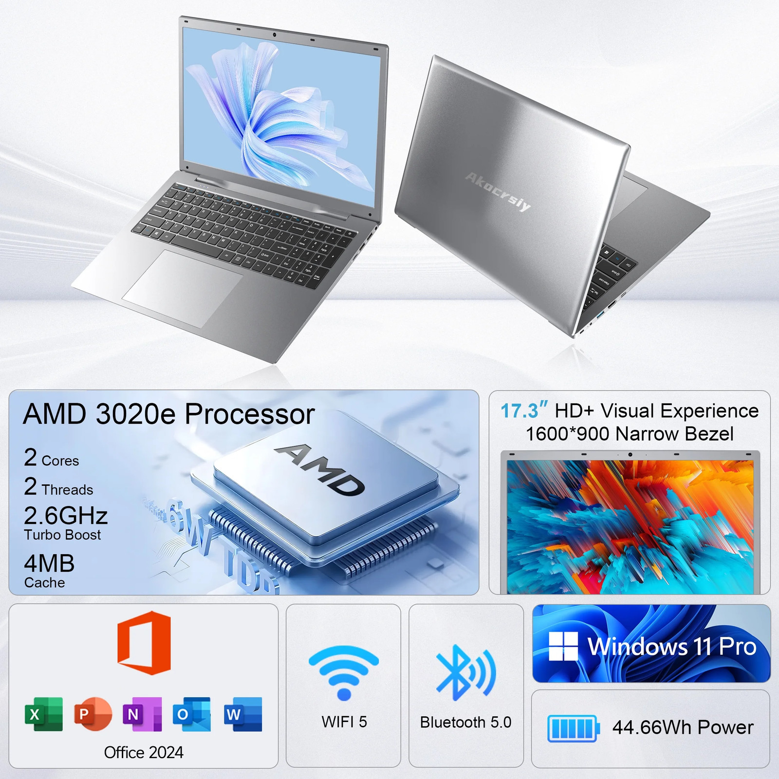 Akocrsiy 17.3″ Windows 11 Laptop, DDR4 8GB RAM 256GB SSD, AMD 3020e (up to 2.6GH