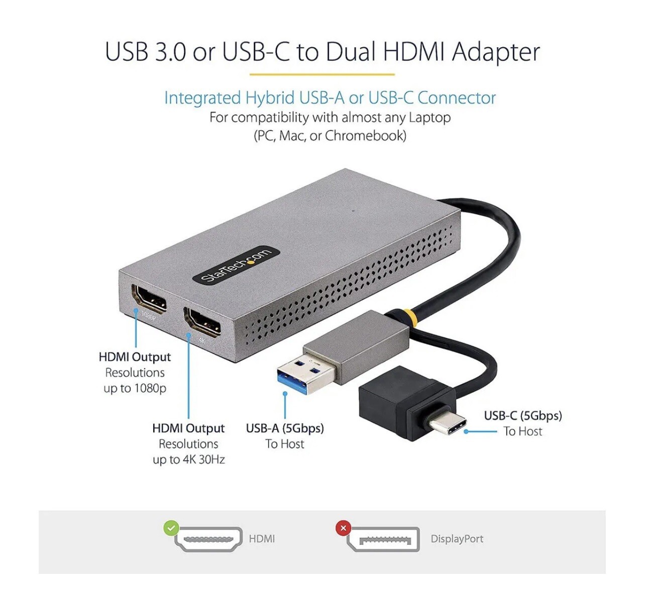 StarTech USB 3.1 (USB-A/USB-C) to Dual HDMI Adapter-4K 30hz/1080p #107BUSBHDMI