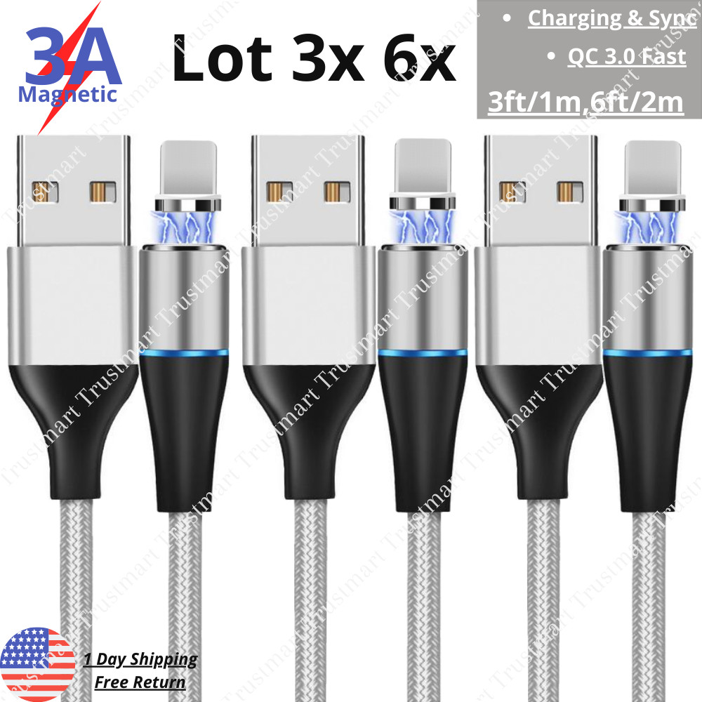 Lot of 3X 6X Magnetic USB Charger Cable 3/6Ft For iPhone 13 11 8 6 Charging Cord