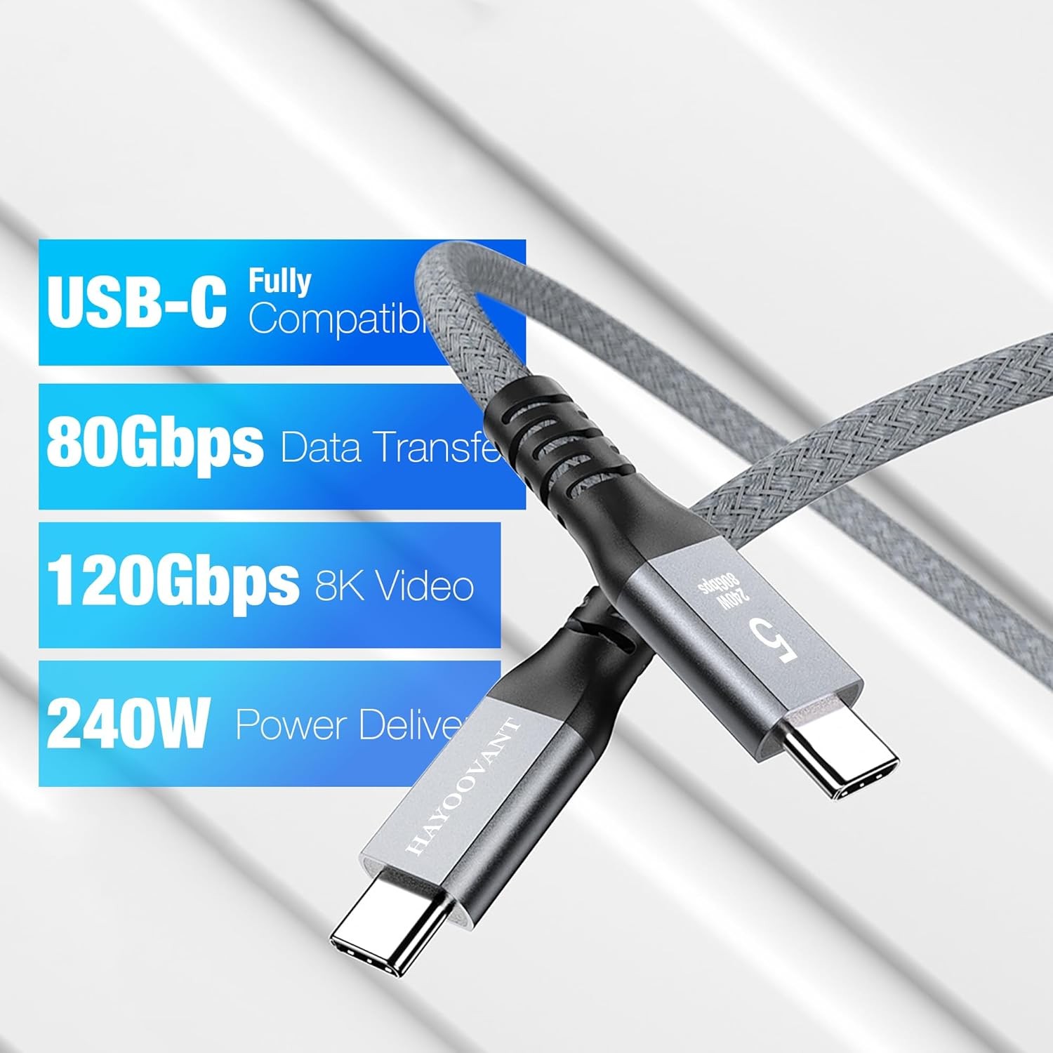 Braided Thunderbolt 5 USB-C 5.0 Cable 3.3 ft 80Gbps PD 240W 16K Video Display US