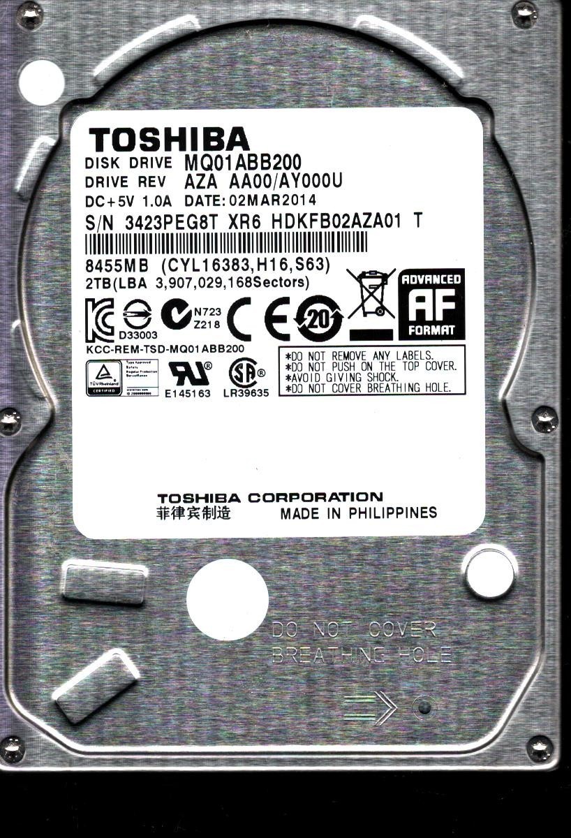 MQ01ABB200 HDKFB02AZA01 T REV: AZA AA00/AY000U 2TB MAR 2014 PHILIPPINES TOSHIBA