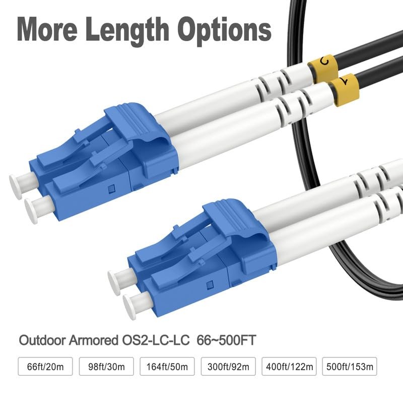 300Ft Armored LC to LC Single Mode Fiber Optic Cable 10GB Black