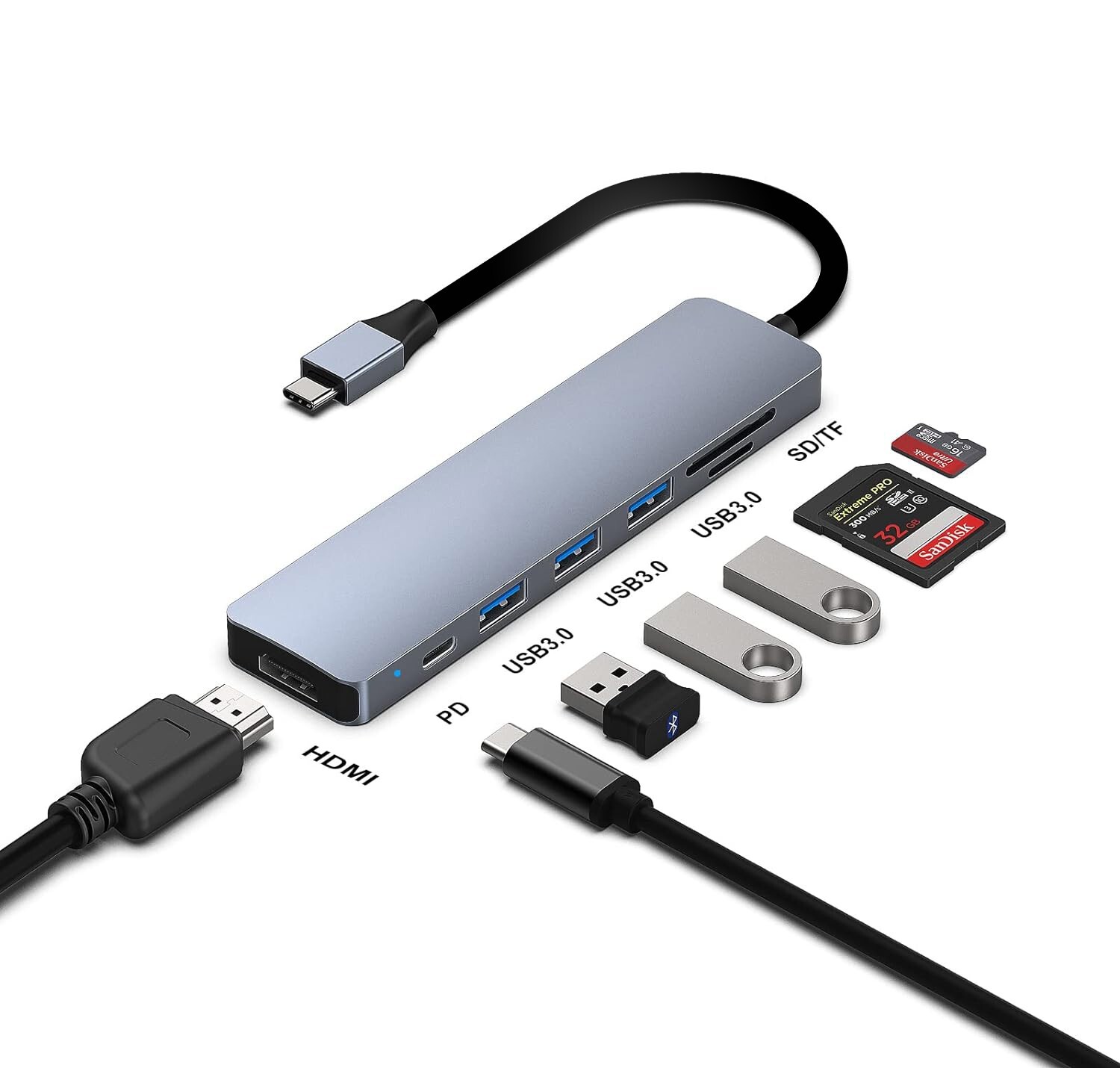 7 In 1 USB-C To HDMI Adapter SD/TF Card Reader 3x USB 3.0 For MacBook Pro/Air