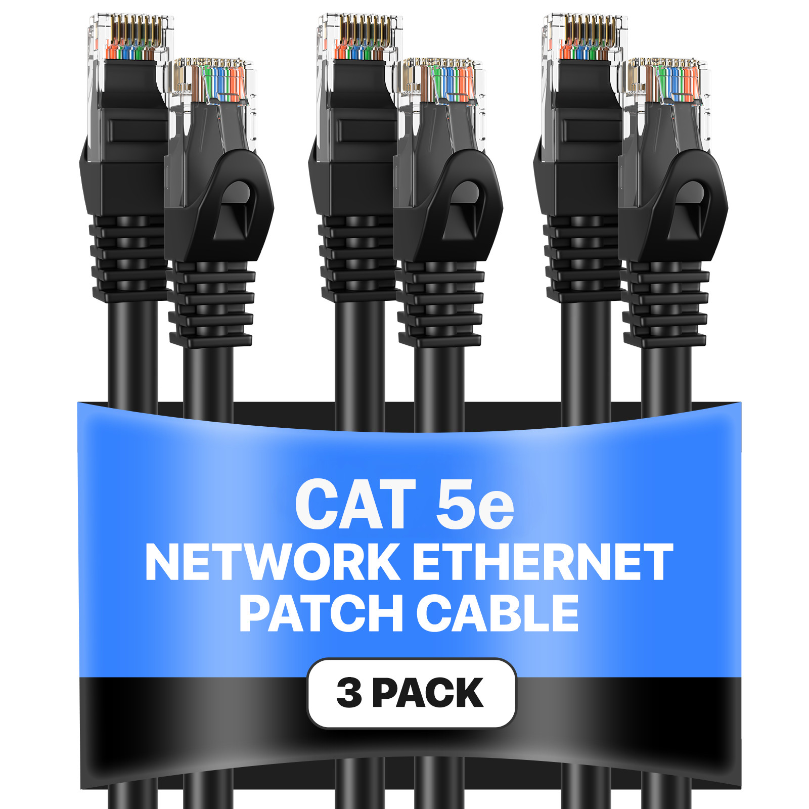 3-Pack – CAT5e Ethernet Cable Black RJ45 UTP LAN Patch Cord 1.5ft–200ft Lot