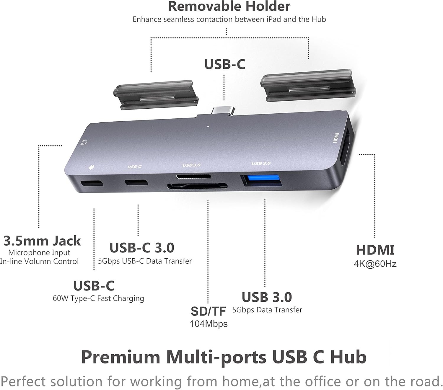 iPad Pro USB C Hub Adapter for iPad Pro 2024 M4 M2 M1,7-in-1 Hub with 4K@60Hz