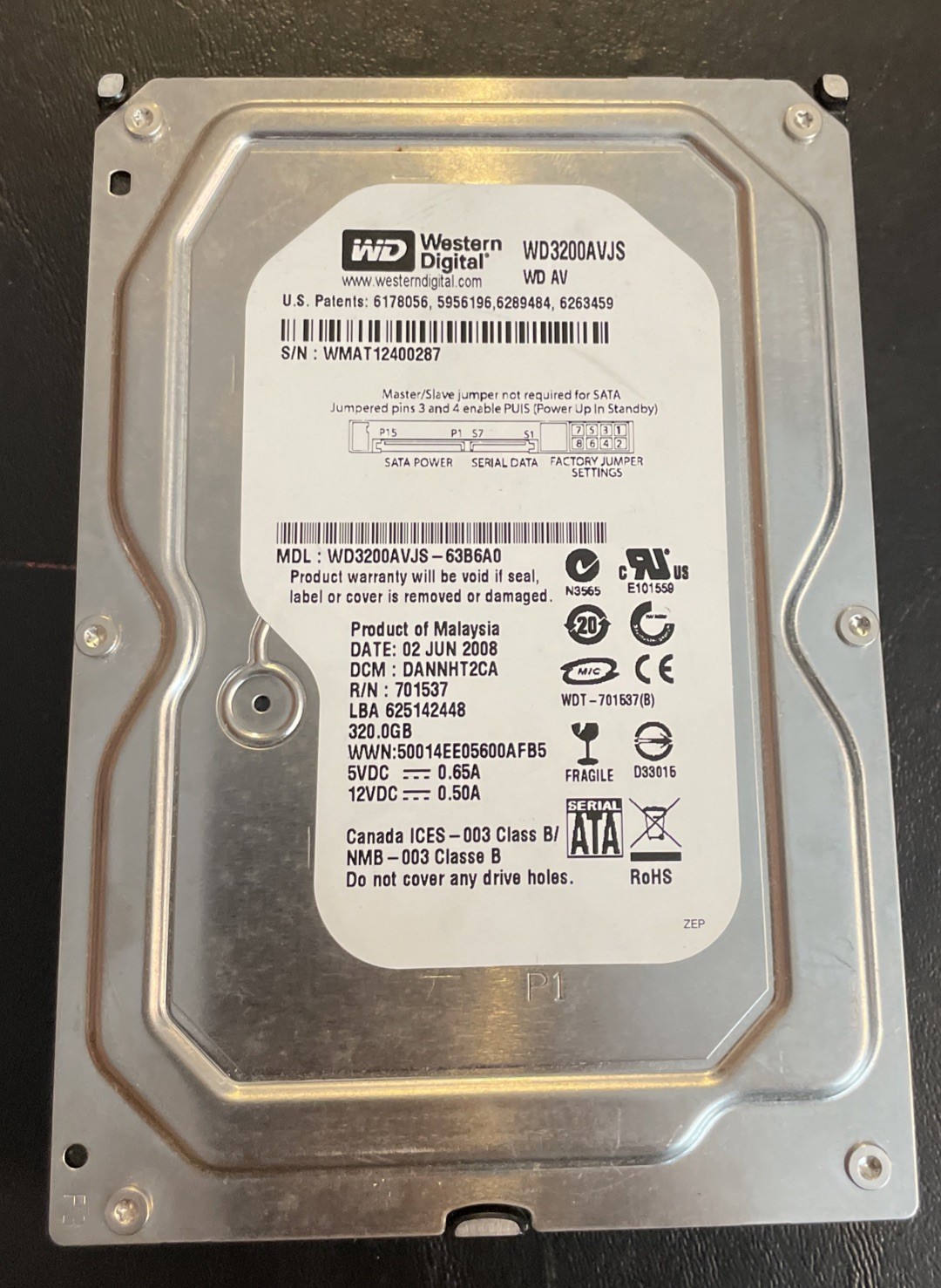 HDD Hard Disk 320GB 3,5” SATA WD WD3200AVJS Desktop Computer DVR PC