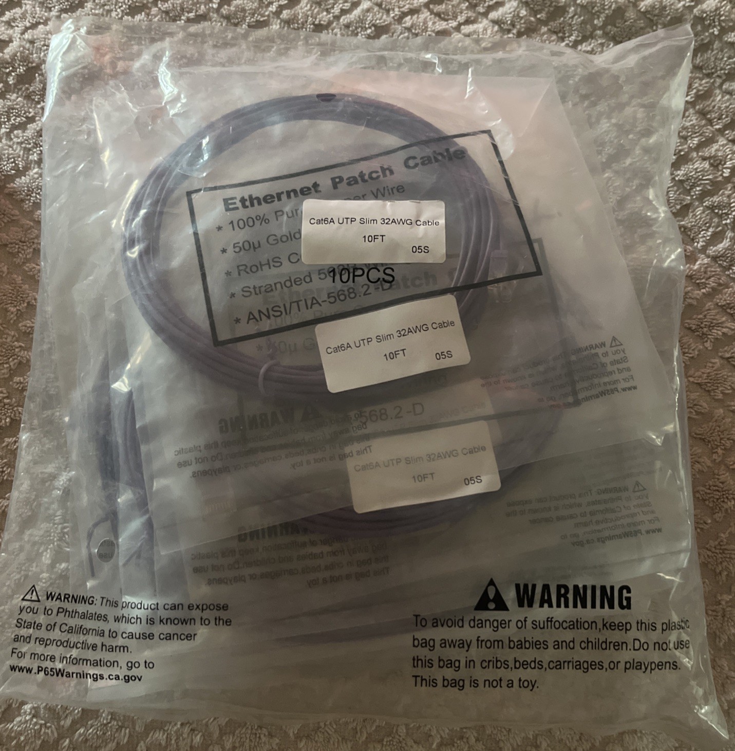 10FT Cat6A RJ45 Network LAN Ethernet Patch Cable UTP Slim 32AWG Purple Lot Of 10
