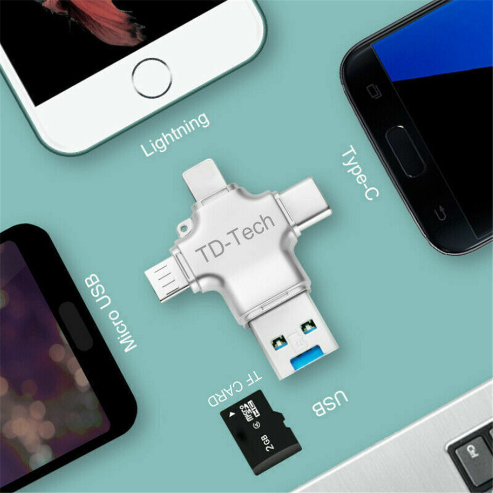 4 In 1 iOS Micro USB Type-C Micro TF Card Reader OTG for Android iPhone PC New🎯