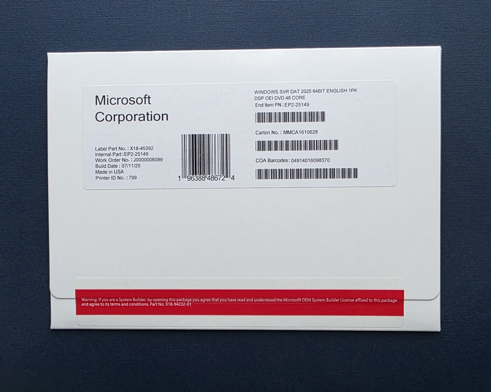 Windows Server 2025 Datacenter 48 Core DVD+Key (NEW)