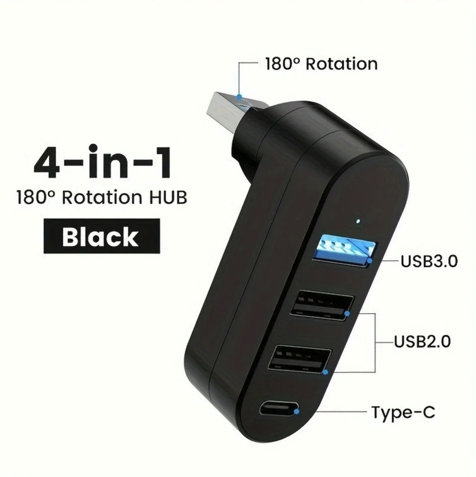 1 pcs USB 3.0/2.0 Hub 4-Port: Rotatable Type-C High Speed Data Splitter Adapter