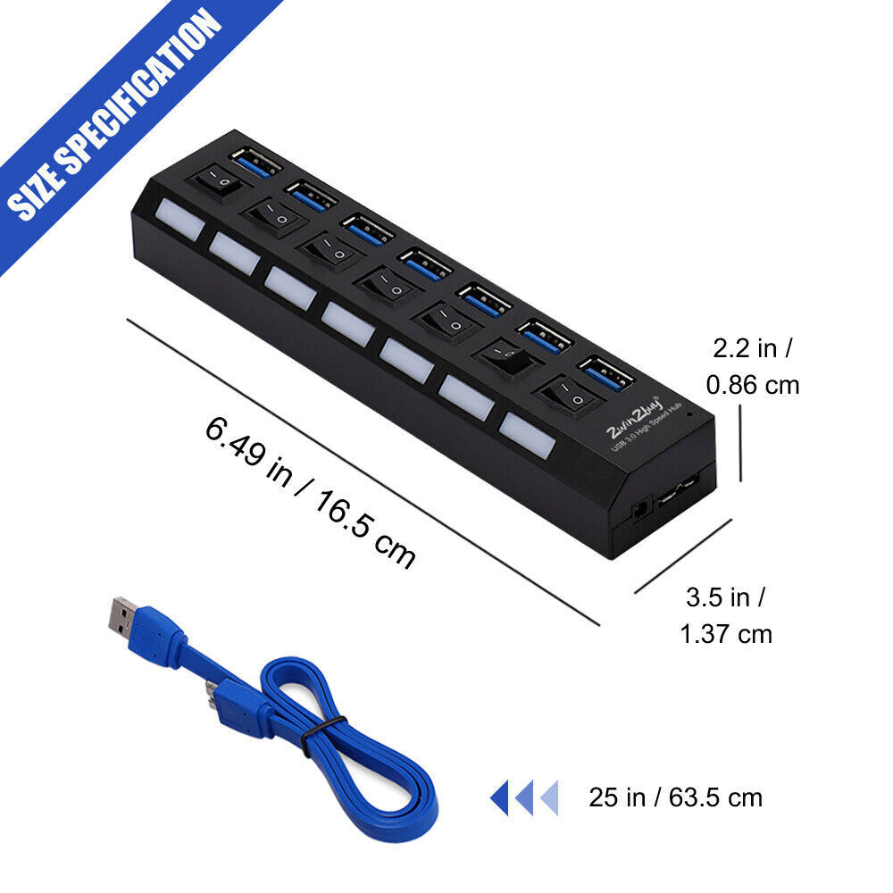 7 Port USB 3.0 Hub High Speed Splitter Box Power Adaptor Charger ON/OFF Switch