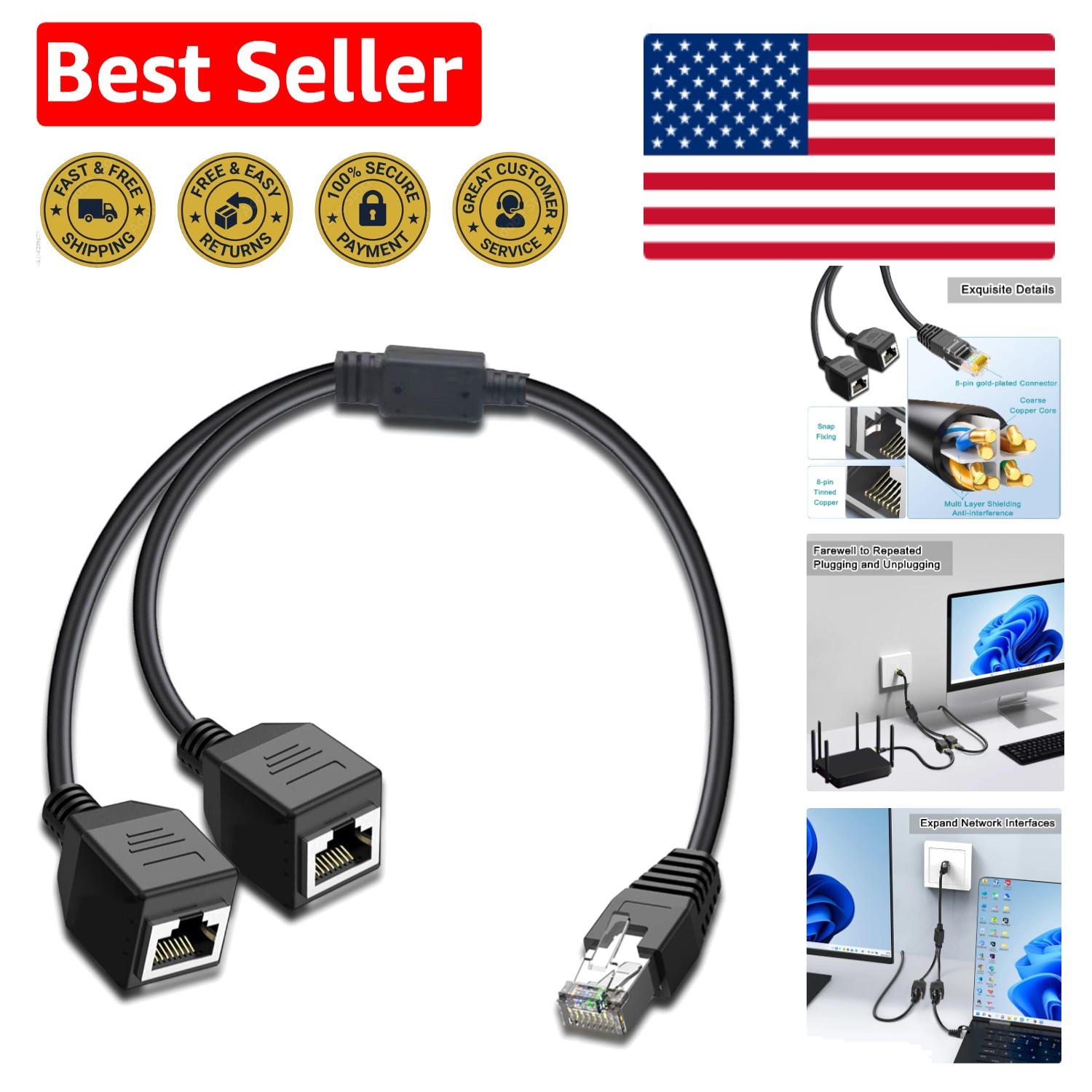 Reliable RJ45 Ethernet Splitter 1 Male to 2 Female for High-Speed Connection