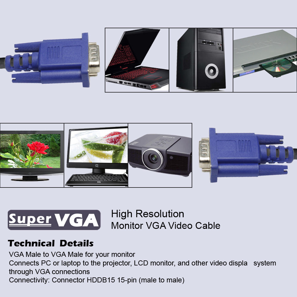 SVGA SUPER VGA Monitor 15PIN M/M Male To Male Cable CORD FOR PC TV HDTV Blue Us