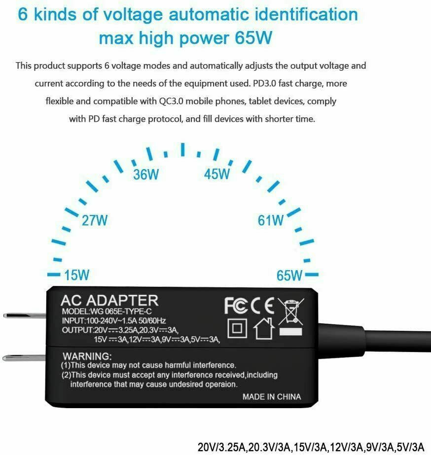 USB-C Type C Charger for Laptop Chromebook Tablet Phone 45w 65w Universal Charge