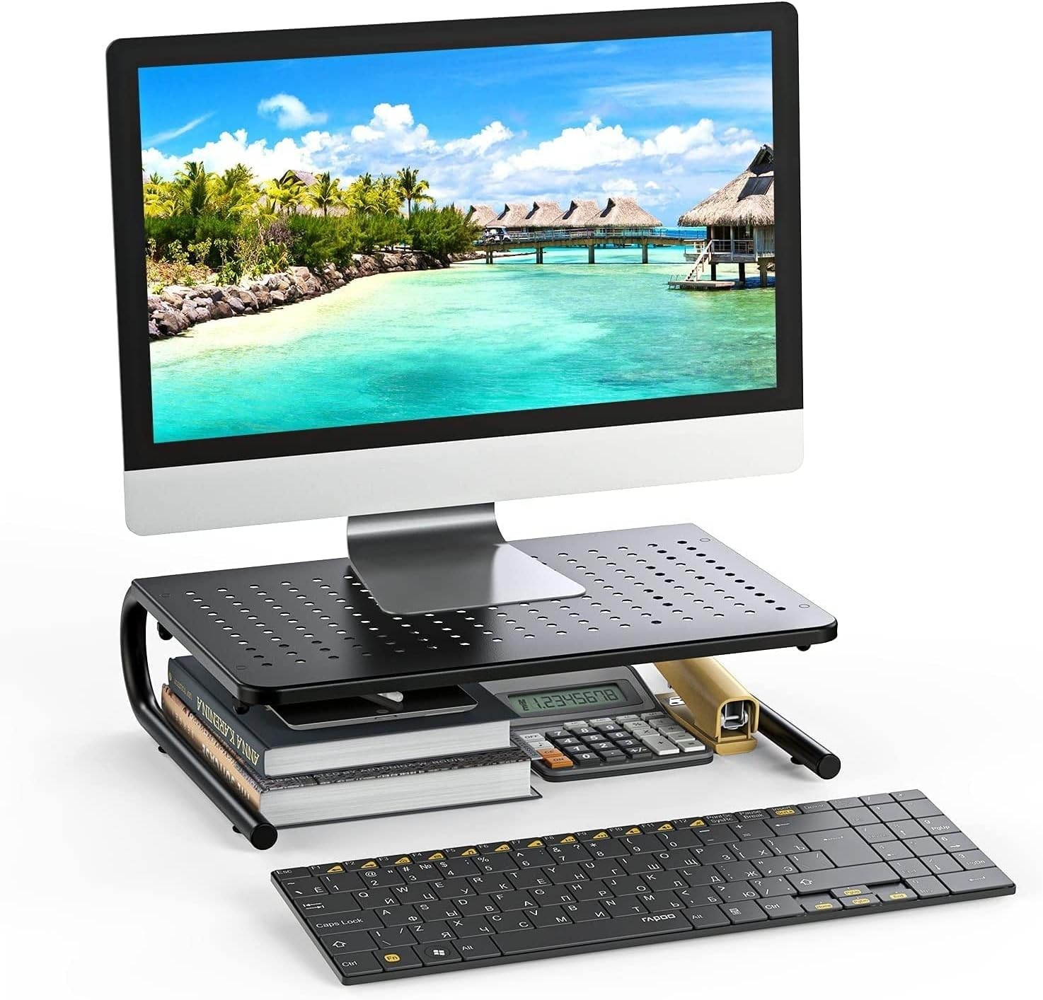 Black Steel Monitor Riser Stand for Desk, Laptop, Printer – 14.57×9.25in