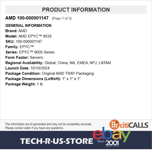 AMD 100-000001147 EPYC 9535 Server Processor 64-Core 128-Thread 2.4GHz Tray