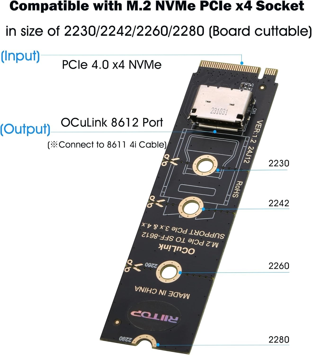 RIITOP M.2 NVMe PCIe 4.0 x4 to OCuLink SFF-8611 4i Host Adapter for eGPU and SSD