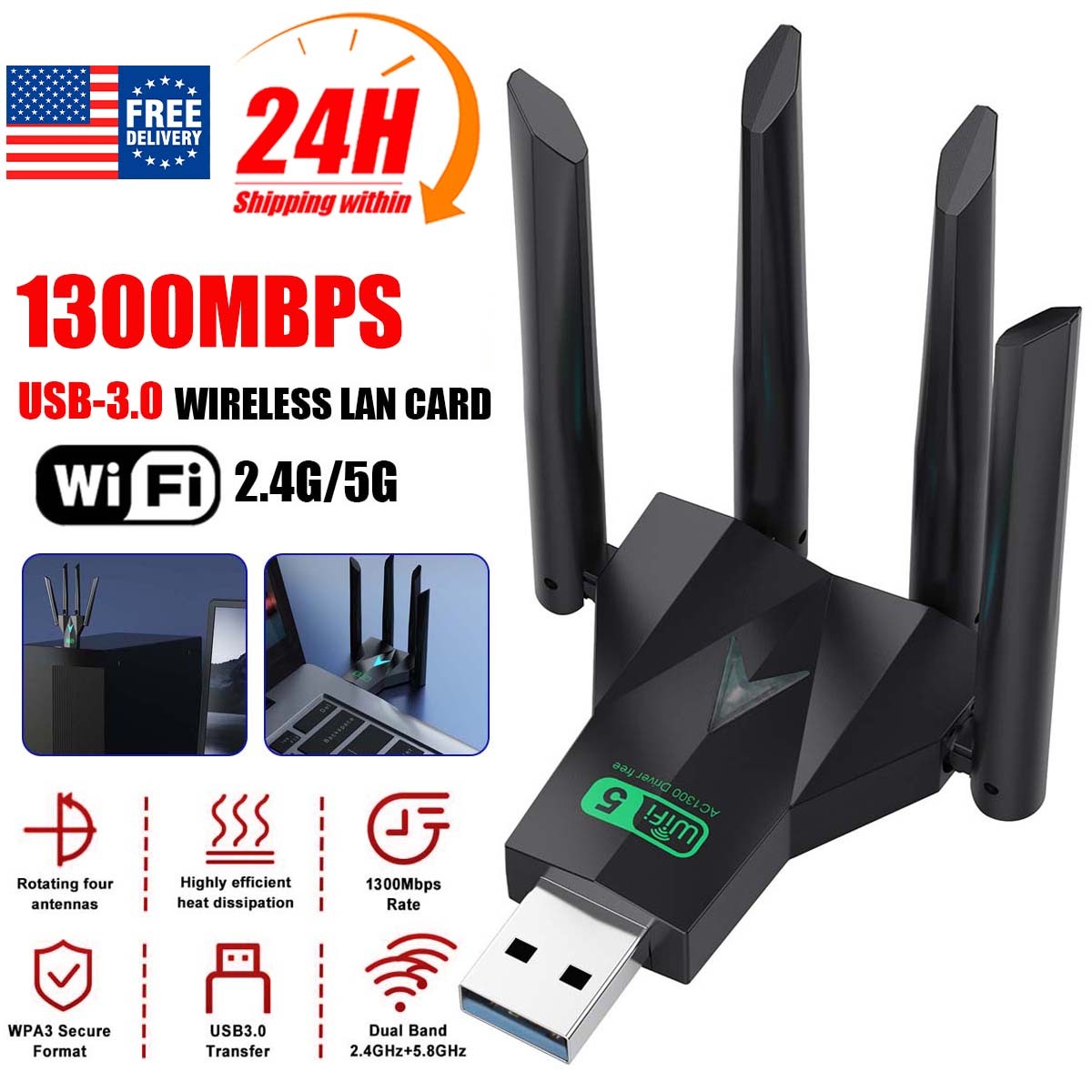 WiFi USB 3.0 Adapter Antenna Long Range Wireless Extender 1300Mbps Dual Band