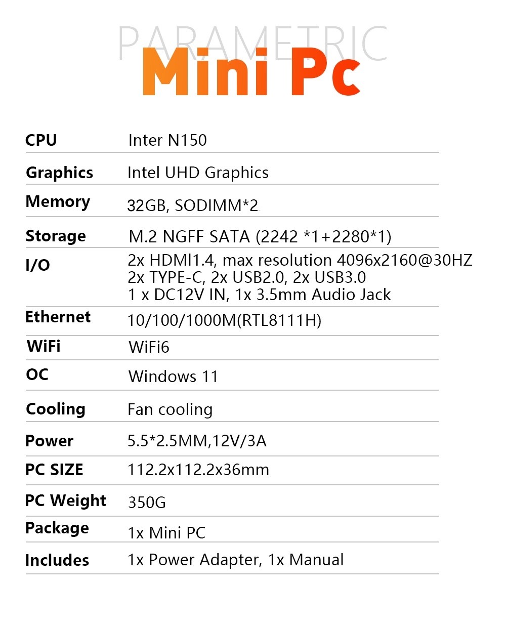 Mini PC Intel N150 3.6GHz Win11 16GB DDR4 Max 512GB SSD Triple Screen WiFi6 Home