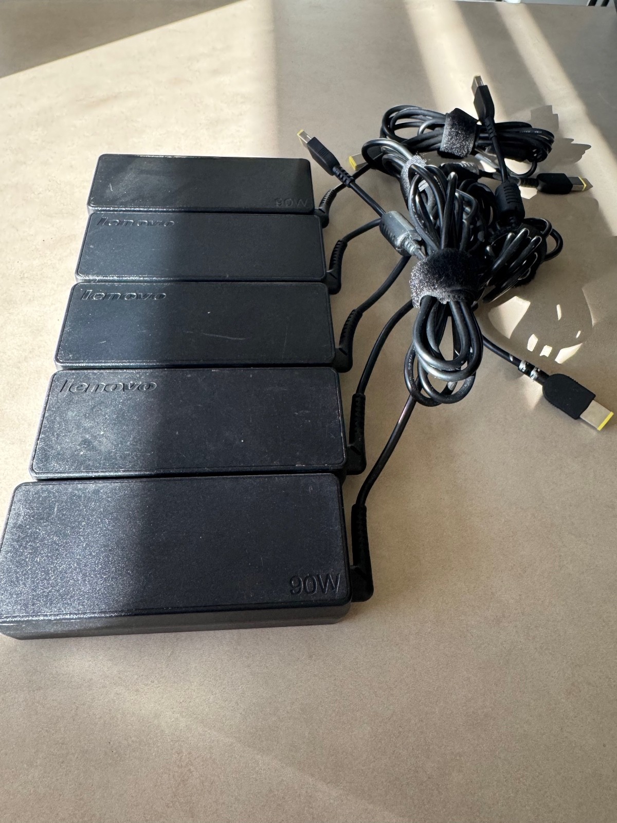Lot of 5 Lenovo adlx90nlc2a 90W 20V 4.5A Yellow Square Tip AC Adapters w/ cords