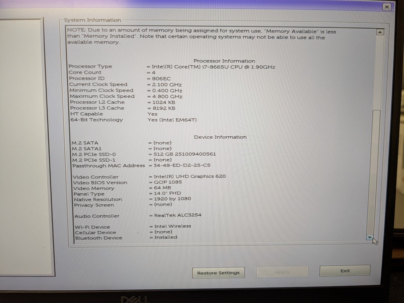 DELL LATITUDE 7400, Intel Core i7-8665U, 1.90 GHz, 16 GB RAM, 512 GB M.2