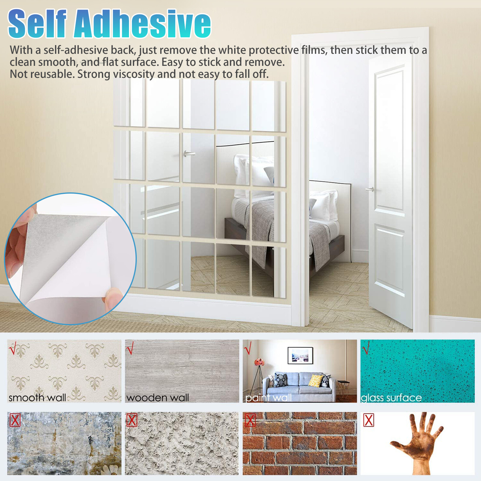Self Adhesive Mirror Reflective Wall Sticker Film Paper Home Kitchen Decor Lot