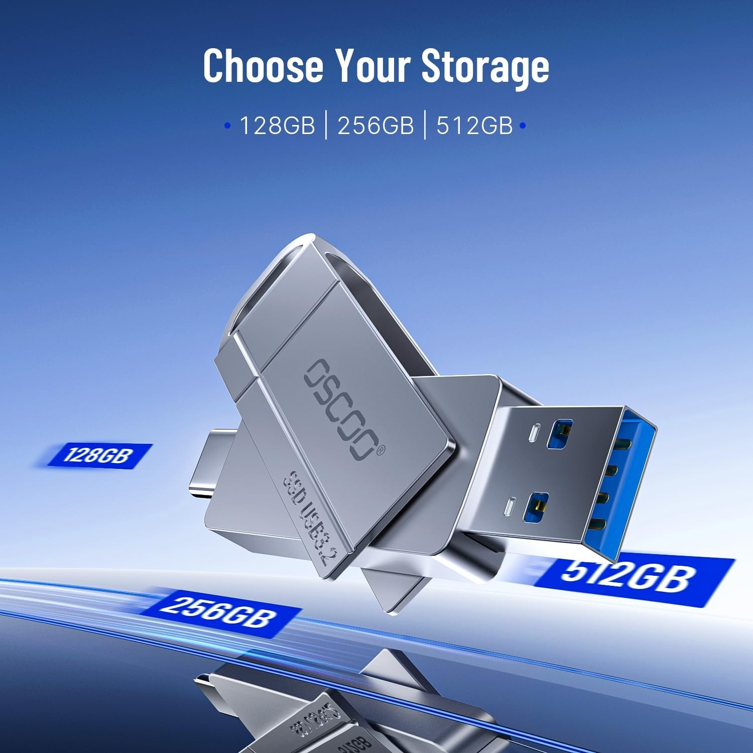 128GB USB 3.2 Flash Drive, 550MB/s Speed, Dual USB-C & USB-A, iPhone & Android B