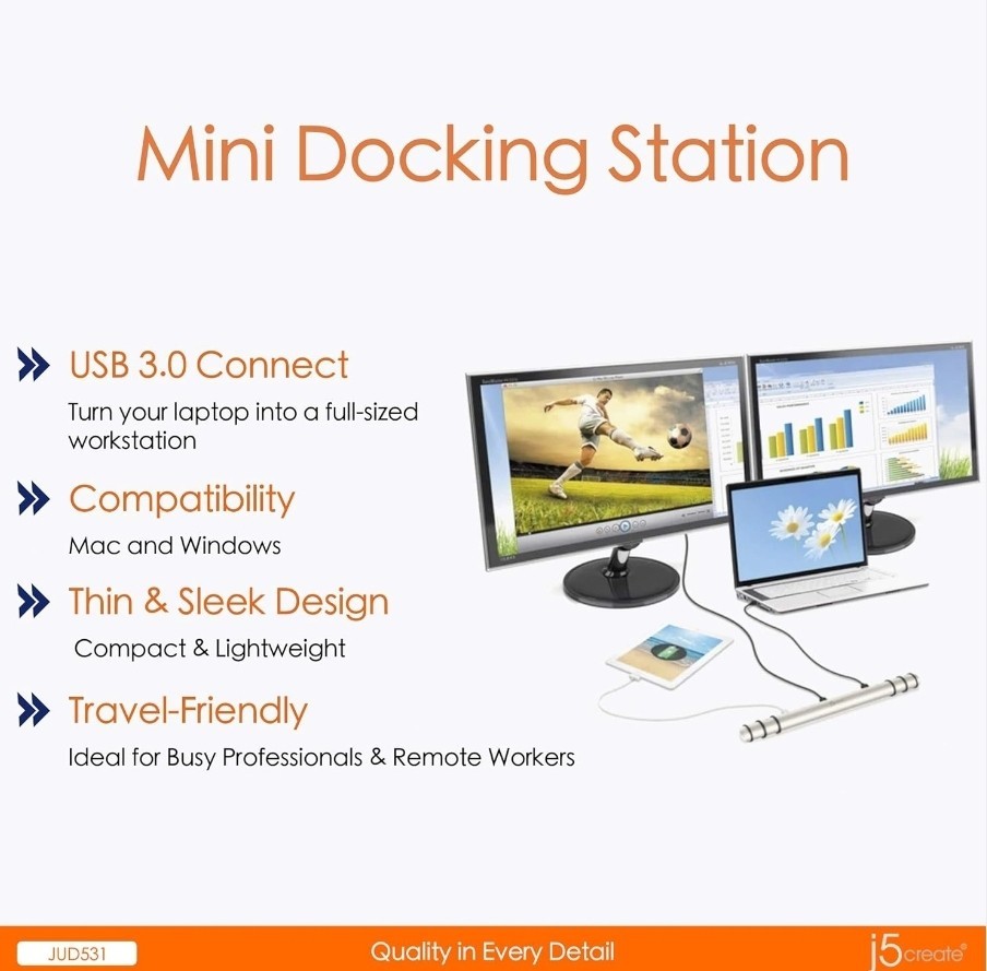 j5create Mini Ultra USB 3.0 Universal Docking Stat. HDMI/VGA/Ethernet/USB JUD531
