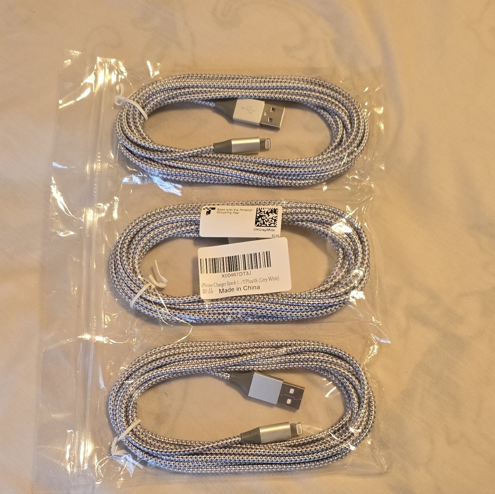 3-Pack Braided USB to Lightning 6ft Cables Gray White For Apple Universal