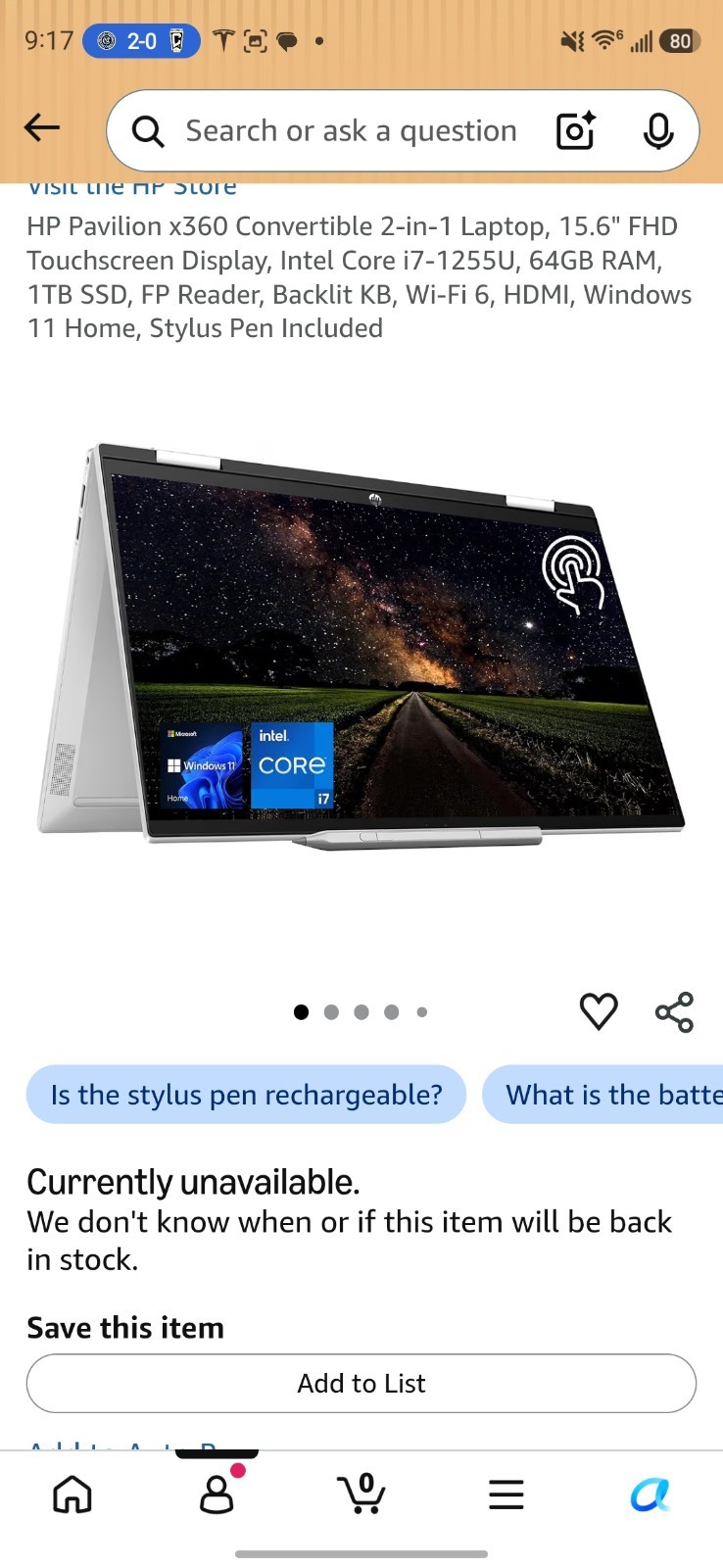 HP Pavilion x360 15.6″ FHD Touch 2-in-1 i7-1255U 64GB 1TB SSD W11 Silver