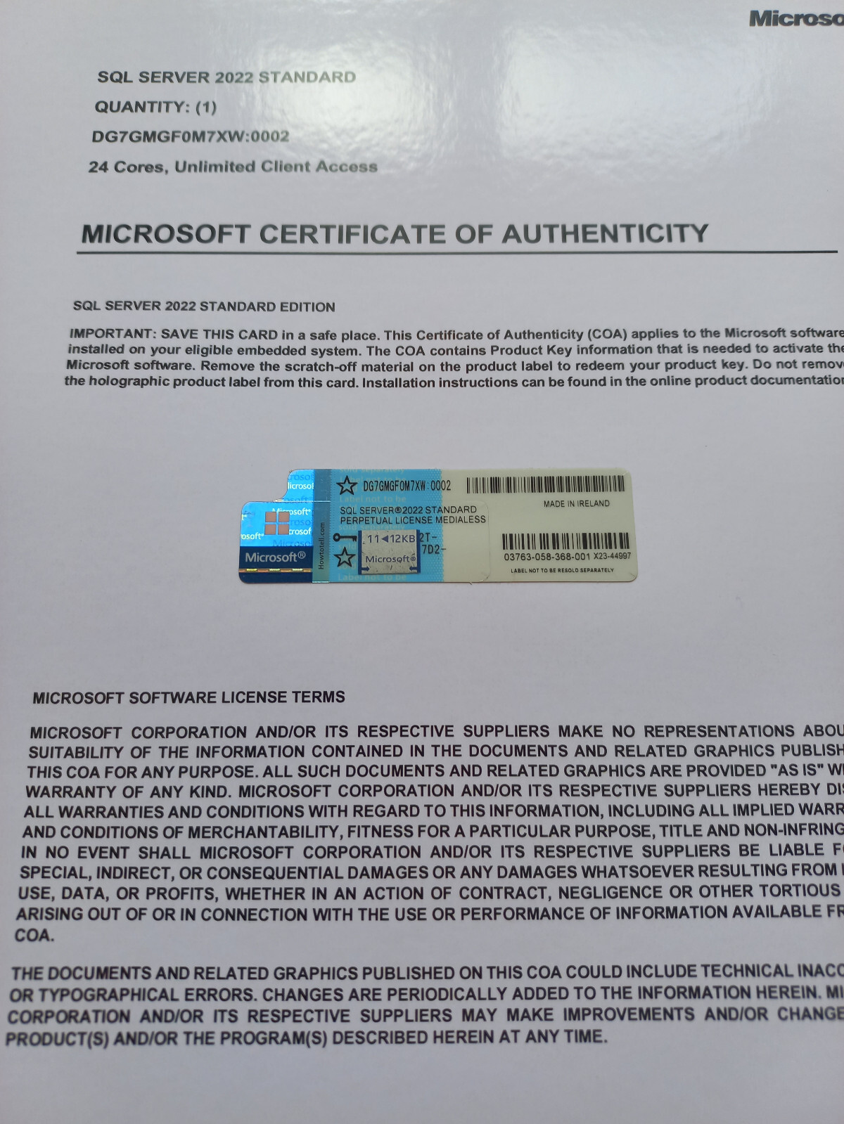 Microsoft SQL Server 2022 Standard 24 Core unlimited User CALs CoA DG7GMGF0M7XW
