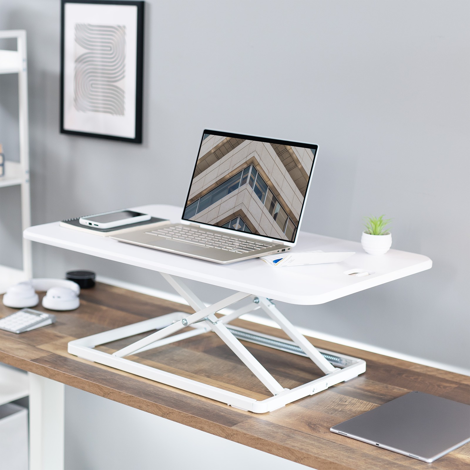 VIVO White Ultra Slim 32″ Desktop Converter, Sit Stand Tabletop Monitor Riser