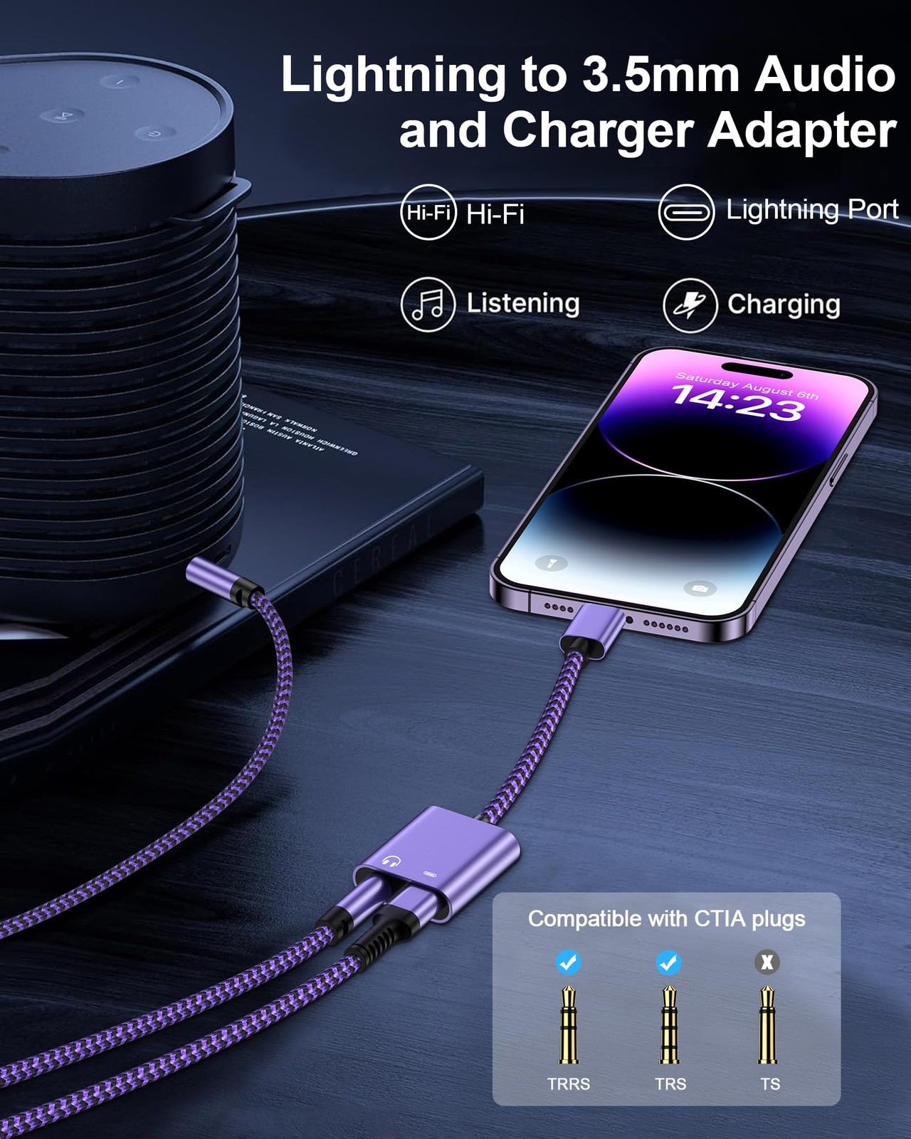 iPhone Dongle Headphone and Charger 2 in 1, Lightning to 3.5mm Audio Purple