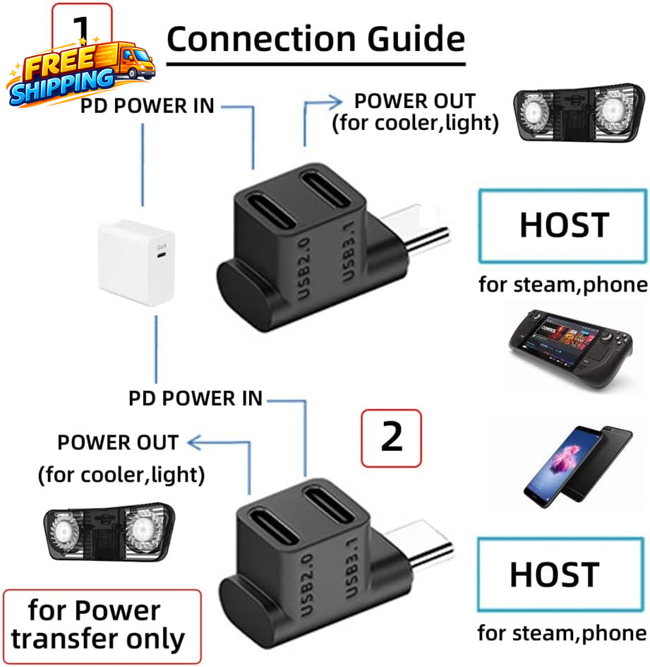 10Gbps USB3.0 Type C Male to Dual Female Power Data Splitter Adapter up Angled