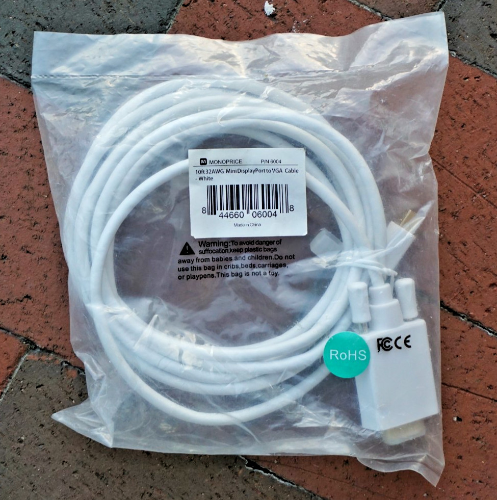 NEW 10ft Gold Plated 32AWG Mini DisplayPort / Thunderbolt to VGA Cable White