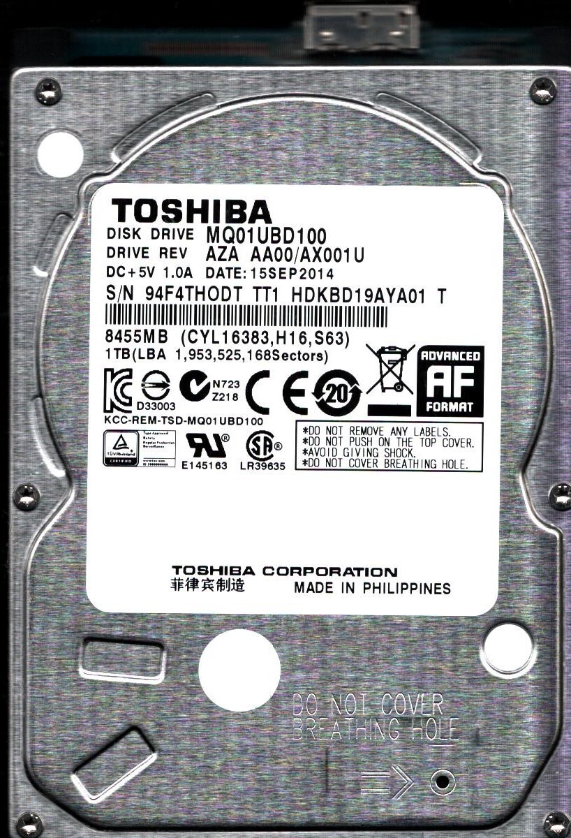MQ01UBD100 HDKBD19AYA01 T REV: AZA AA00/AX001U 1TB SEP 2014 PHILIPPINES TOSHIBA