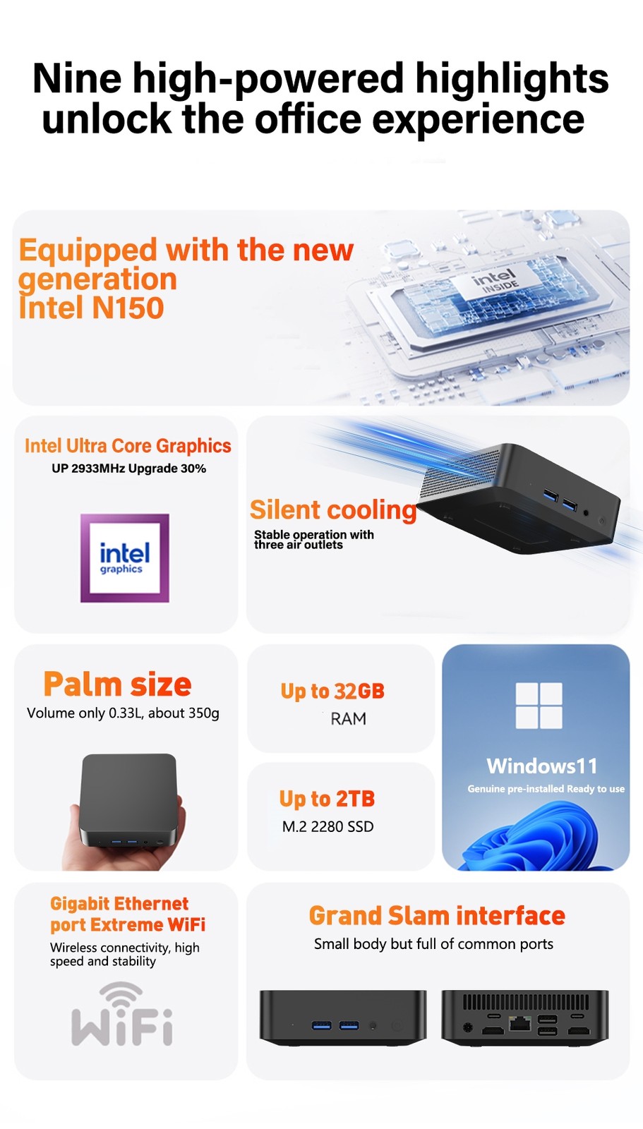Mini PC Intel N150 3.6GHz Win11 16GB DDR4 Max 512GB SSD Triple Screen WiFi6 Home