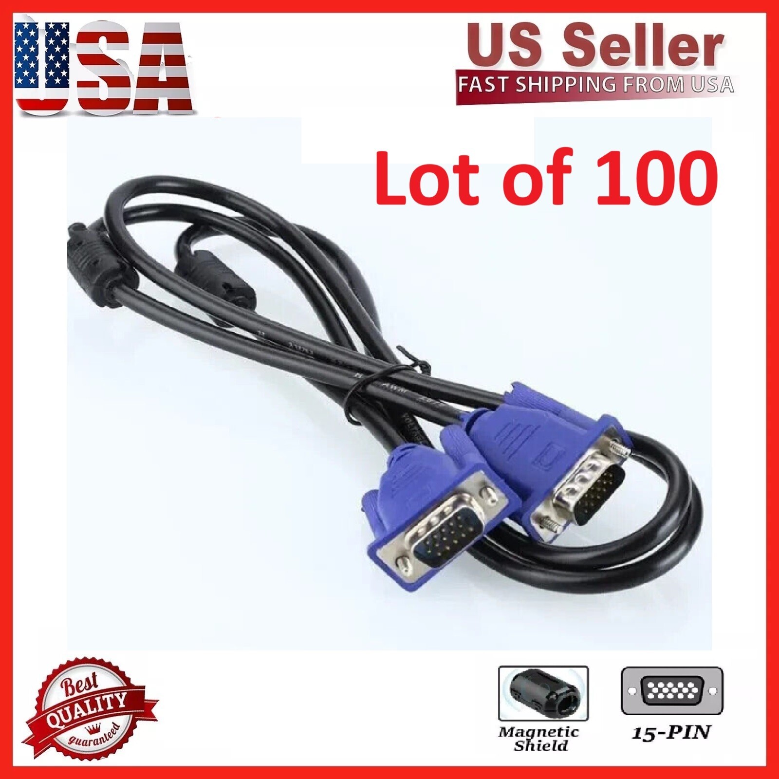 Lot of 100 VGA to VGA Cable 5ft 1080p HD Male to Male Monitor Laptop PC Computer