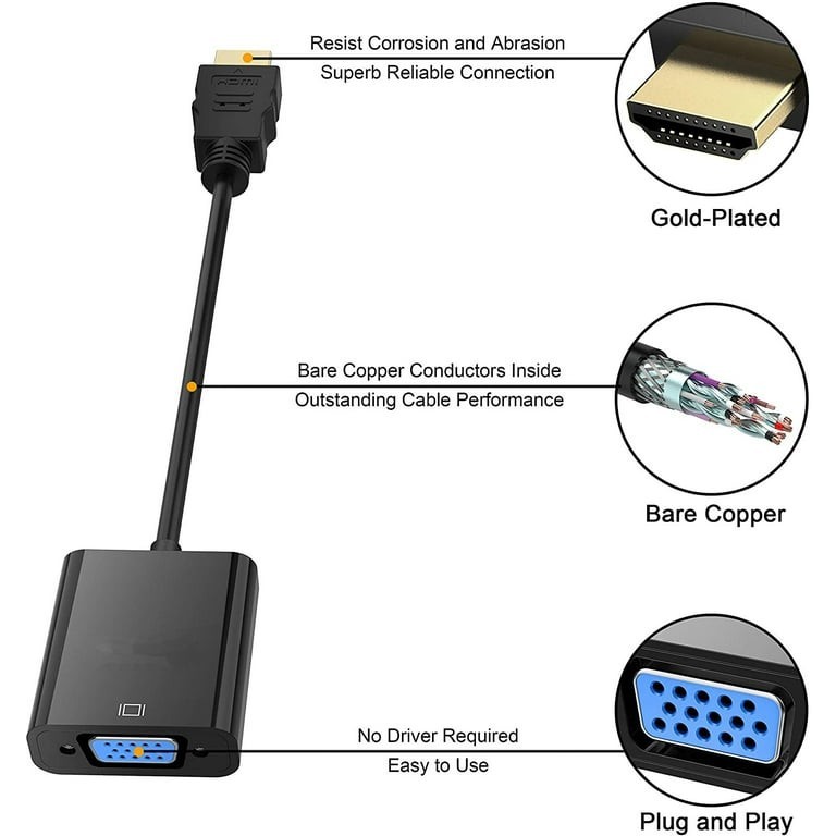 3-Pk Gold-Plated HDMI (Male) to VGA (Female) Adapters PC, Monitor, Projector, TV