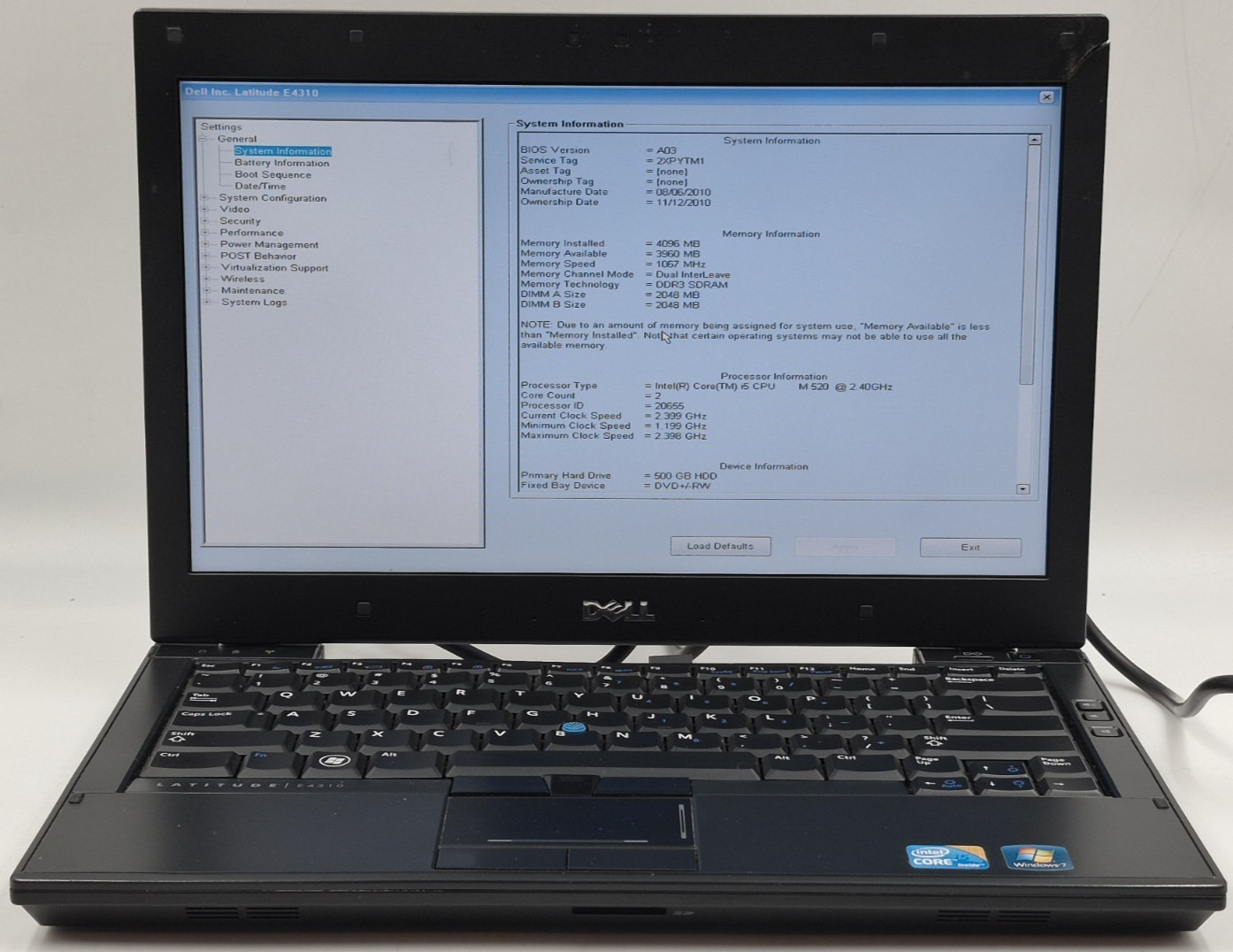 Dell Latitude E4310 Laptop i5-M520 2.40GHz 4GB RAM 500GB HDD No OS – No Battery