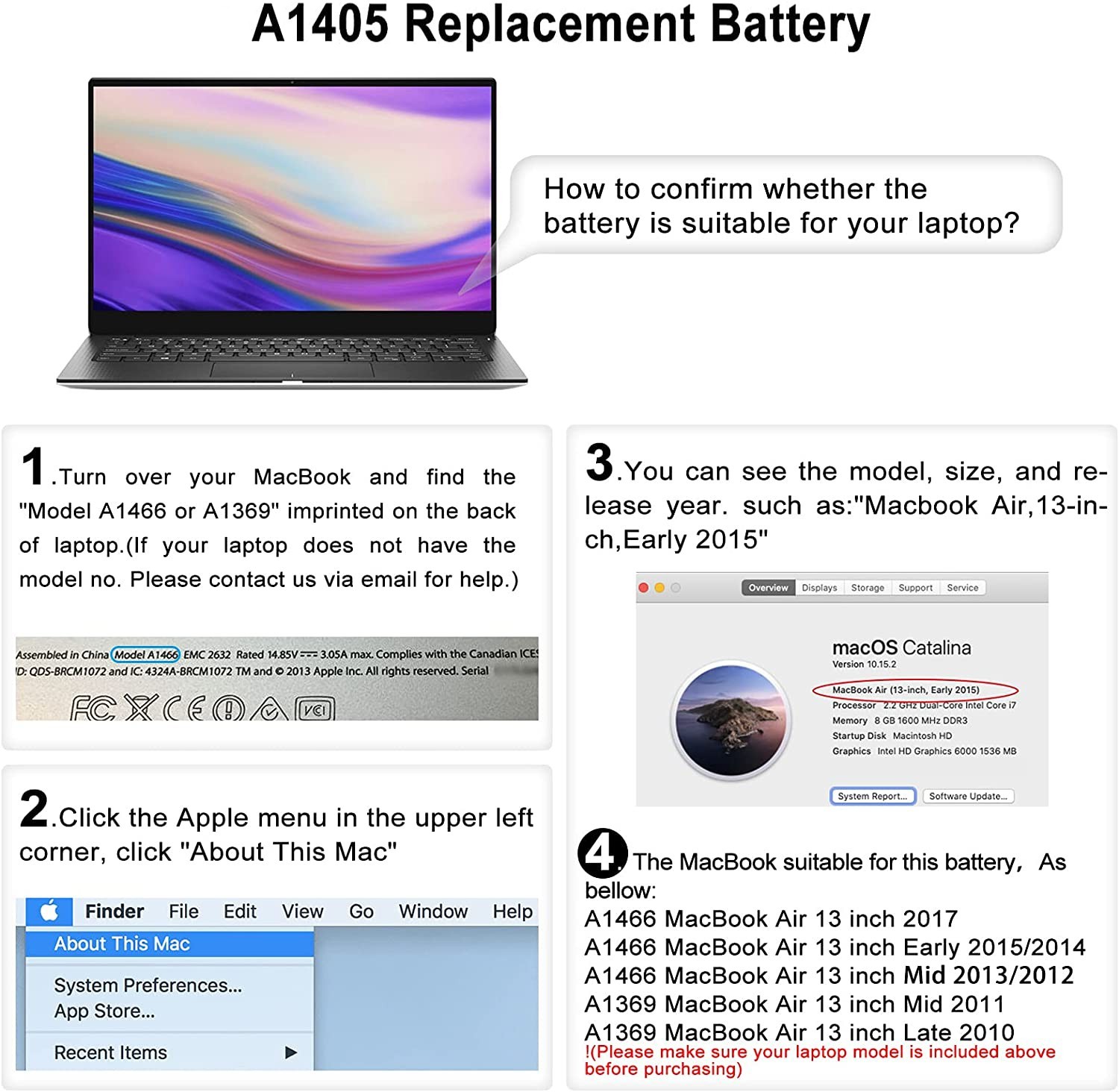 A1466 A1405 Battery for MacBook Air 13″A1369 A1496 A1377 2013 2014 2015 2017