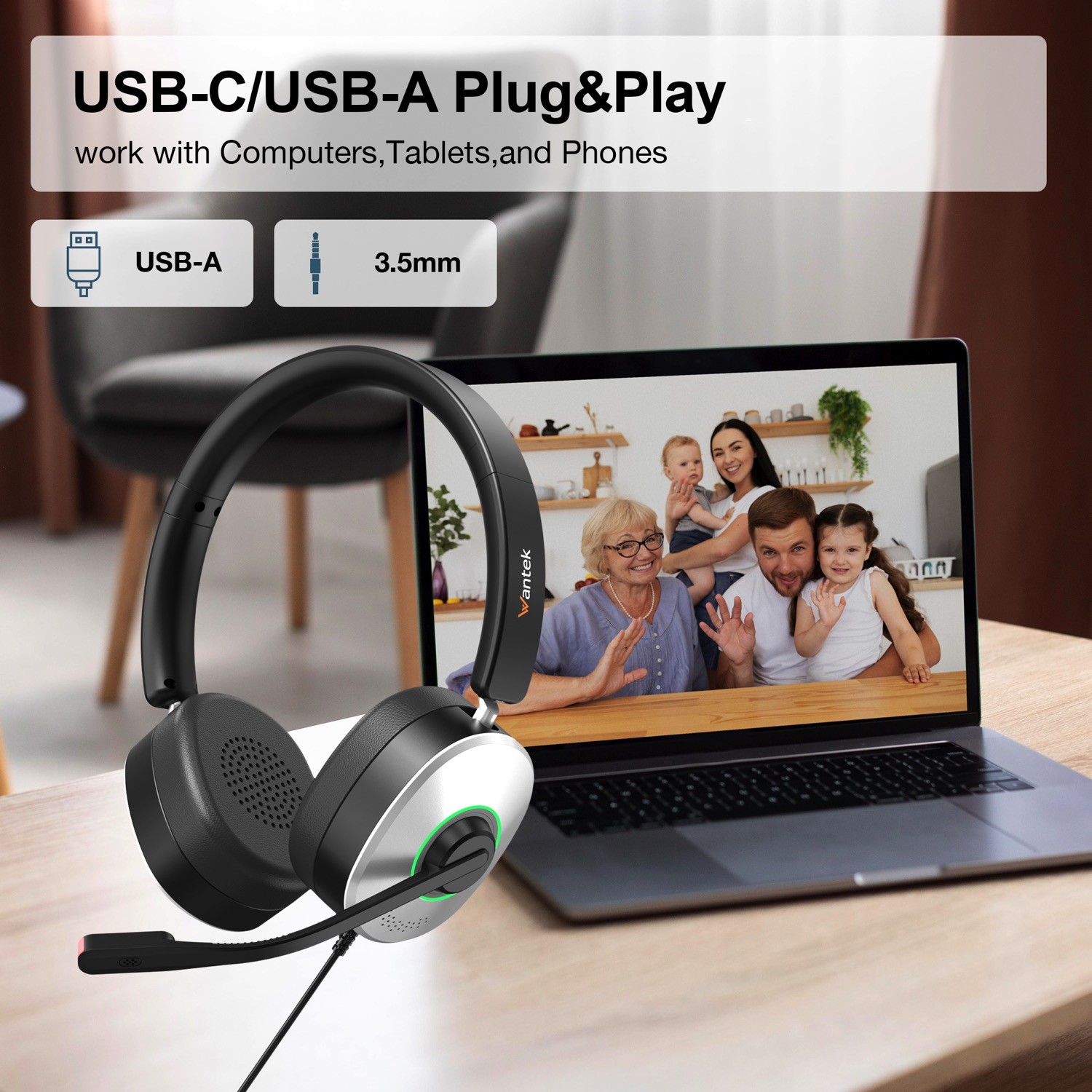 Wantek Headset 3.5mm to USB/Type-C with ENC Microphone Headphone for PC/Laptop